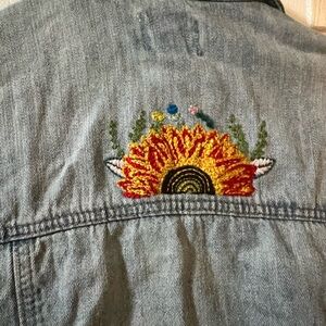 Forever 21 Blue Denim Jacket with Hand Stitched Floral Details